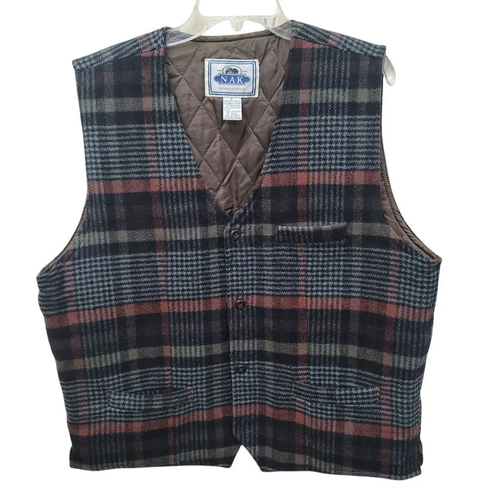VTG NAK Men Plaid WoolBlend Vest Lined Button Front Y2K Preppy Business Academia